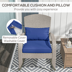 Outdoor Wicker Adirondack Rocking Chair, Patio Rattan Rocker Chair with High Back, Seat Cushion and Pillow for Garden, Porch, Balcony, Dark Blue
