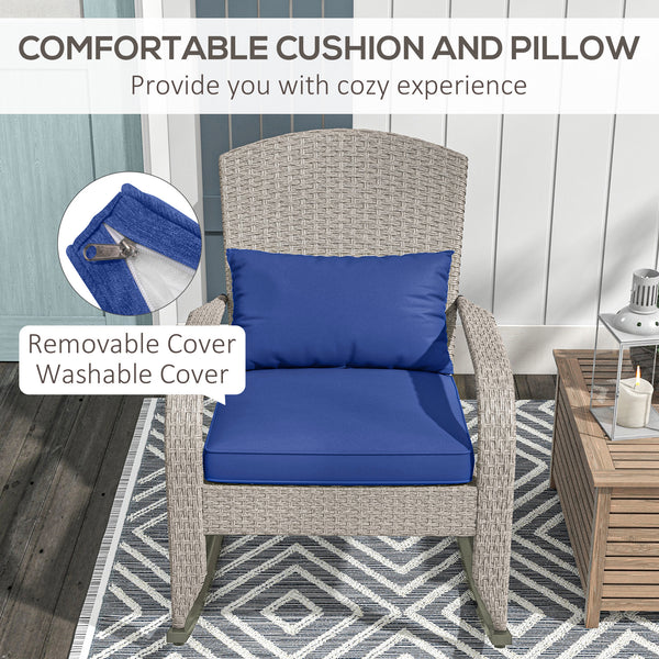 Outdoor Wicker Adirondack Rocking Chair, Patio Rattan Rocker Chair with High Back, Seat Cushion and Pillow for Garden, Porch, Balcony, Dark Blue