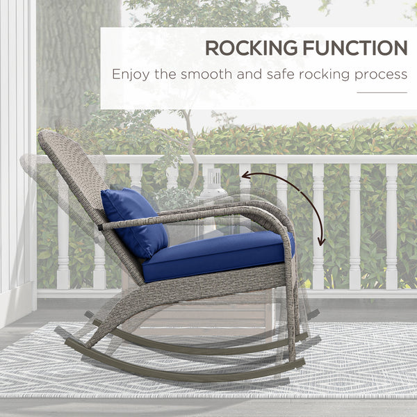 Outdoor Wicker Adirondack Rocking Chair, Patio Rattan Rocker Chair with High Back, Seat Cushion and Pillow for Garden, Porch, Balcony, Dark Blue