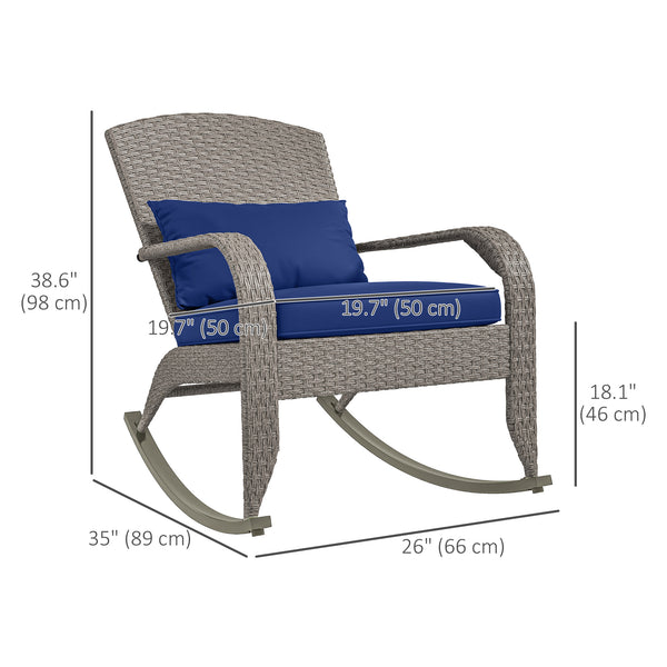 Outdoor Wicker Adirondack Rocking Chair, Patio Rattan Rocker Chair with High Back, Seat Cushion and Pillow for Garden, Porch, Balcony, Dark Blue