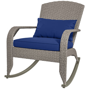 Outdoor Wicker Adirondack Rocking Chair, Patio Rattan Rocker Chair with High Back, Seat Cushion and Pillow for Garden, Porch, Balcony, Dark Blue