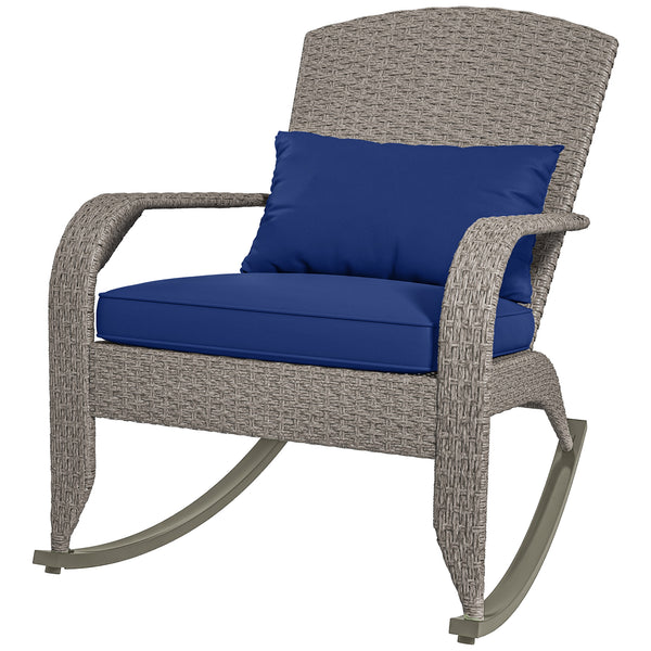 Outdoor Wicker Adirondack Rocking Chair, Patio Rattan Rocker Chair with High Back, Seat Cushion and Pillow for Garden, Porch, Balcony, Dark Blue