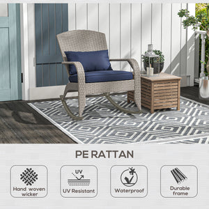 Outdoor Wicker Adirondack Rocking Chair, Patio Rattan Rocker Chair with High Back, Seat Cushion and Pillow for Garden, Porch, Balcony, Dark Blue