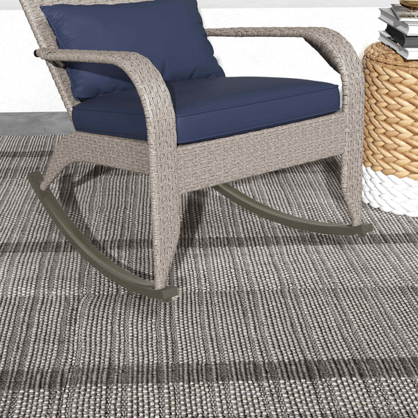 Outdoor Wicker Adirondack Rocking Chair, Patio Rattan Rocker Chair with High Back, Seat Cushion and Pillow for Garden, Porch, Balcony, Dark Blue