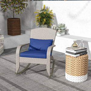 Outdoor Wicker Adirondack Rocking Chair, Patio Rattan Rocker Chair with High Back, Seat Cushion and Pillow for Garden, Porch, Balcony, Dark Blue