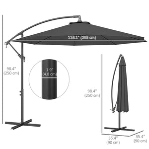 10' Deluxe Patio Umbrella, Outdoor Market Parasol, Banana Hanging Offset Sunshade with Crank, Cross Base, Grey