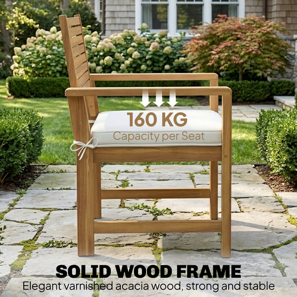 4 Seater Wooden Garden Furniture Set with Loveseat, 2 Armchairs, Wood-Top Table, Acacia Wood Garden Sofa Set with Cushions, Outdoor Furniture Conversation Sets, Cream White