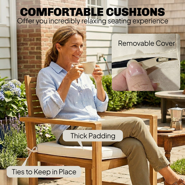4 Seater Wooden Garden Furniture Set with Loveseat, 2 Armchairs, Wood-Top Table, Acacia Wood Garden Sofa Set with Cushions, Outdoor Furniture Conversation Sets, Cream White