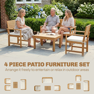 4 Seater Wooden Garden Furniture Set with Loveseat, 2 Armchairs, Wood-Top Table, Acacia Wood Garden Sofa Set with Cushions, Outdoor Furniture Conversation Sets, Cream White