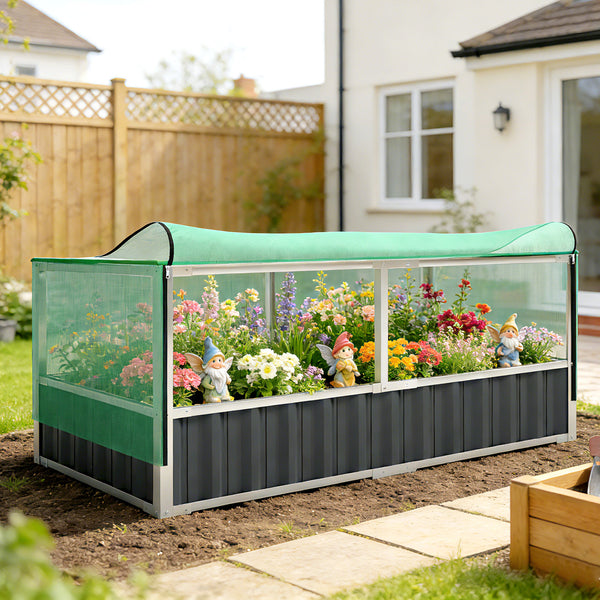 Raised Garden Bed, 5.7 x 3 x 2.3ft Steel Planter Box Outdoor with Cover, Gloves for Growing Vegetables, Flowers, Herbs, Dark Grey