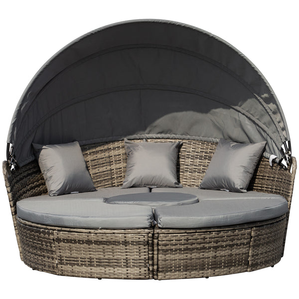 Outsunny 4-Piece Round Convertible Daybed with Cushions, Outdoor PE Rattan Patio Wicker Sofa Set, Sunbed with Adjustable Sun Canopy, Sectional Sofa, 2 Chairs, Table, 3 Pillows, Dark Gray