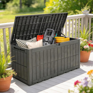440L Garden Storage Box, Waterproof Resin Deck Box with Lockable Lid, Pneumatic Gas Rods, Side Handles, UV Resistant Wood Texture Outdoor Patio Storage Container for Garden Tools