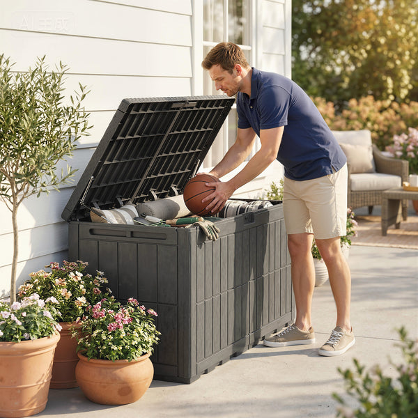 440L Garden Storage Box, Waterproof Resin Deck Box with Lockable Lid, Pneumatic Gas Rods, Side Handles, UV Resistant Wood Texture Outdoor Patio Storage Container for Garden Tools