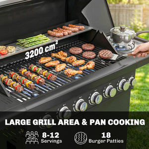 6+1 Burner Gas BBQ Grill, Portable Outdoor Barbecue Trolley with Wheels, Warming Rack, Built-in Thermometer, Side Shelves, Cabinet, Bottle Opener, Lid with Viewing Window, Black