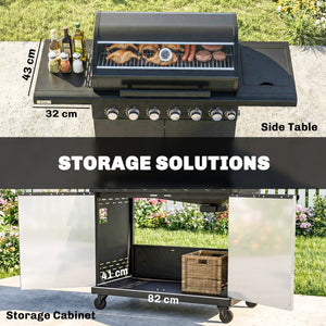 6+1 Burner Gas BBQ Grill, Portable Outdoor Barbecue Trolley with Wheels, Warming Rack, Built-in Thermometer, Side Shelves, Cabinet, Bottle Opener, Lid with Viewing Window, Black