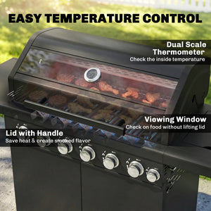 6+1 Burner Gas BBQ Grill, Portable Outdoor Barbecue Trolley with Wheels, Warming Rack, Built-in Thermometer, Side Shelves, Cabinet, Bottle Opener, Lid with Viewing Window, Black
