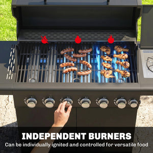 6+1 Burner Gas BBQ Grill, Portable Outdoor Barbecue Trolley with Wheels, Warming Rack, Built-in Thermometer, Side Shelves, Cabinet, Bottle Opener, Lid with Viewing Window, Black