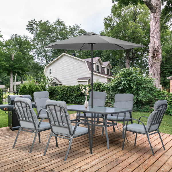 7 Pieces Garden Dining Set, Outdoor Dining Set with Cushions, Tempered Glass Top Table, Umbrella Hole, Texteline Seats, 6 Seater Garden Table and Chairs, Grey