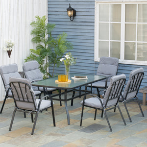 7 Pieces Garden Dining Set, Outdoor Dining Set with Cushions, Tempered Glass Top Table, Umbrella Hole, Texteline Seats, 6 Seater Garden Table and Chairs, Grey