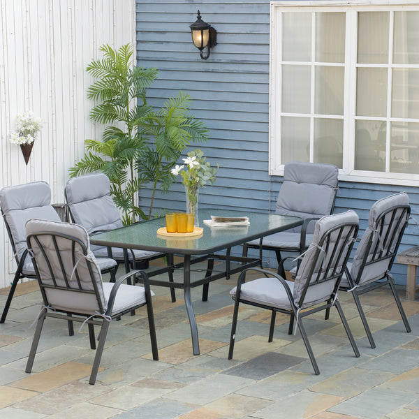 7 Pieces Garden Dining Set, Outdoor Dining Set with Cushions, Tempered Glass Top Table, Umbrella Hole, Texteline Seats, 6 Seater Garden Table and Chairs, Grey