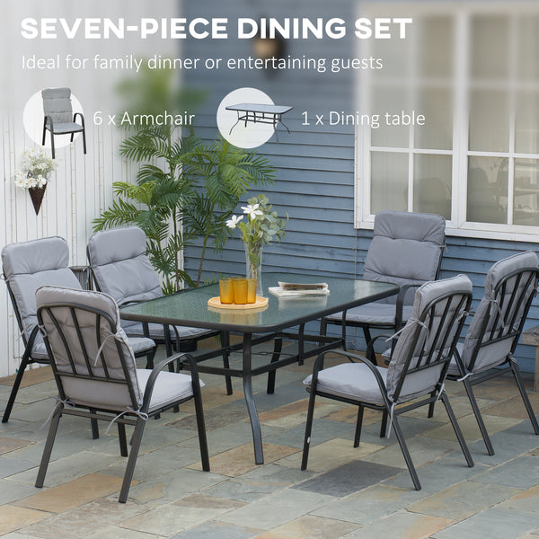 7 Pieces Garden Dining Set, Outdoor Dining Set with Cushions, Tempered Glass Top Table, Umbrella Hole, Texteline Seats, 6 Seater Garden Table and Chairs, Grey