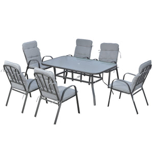 7 Pieces Garden Dining Set, Outdoor Dining Set with Cushions, Tempered Glass Top Table, Umbrella Hole, Texteline Seats, 6 Seater Garden Table and Chairs, Grey