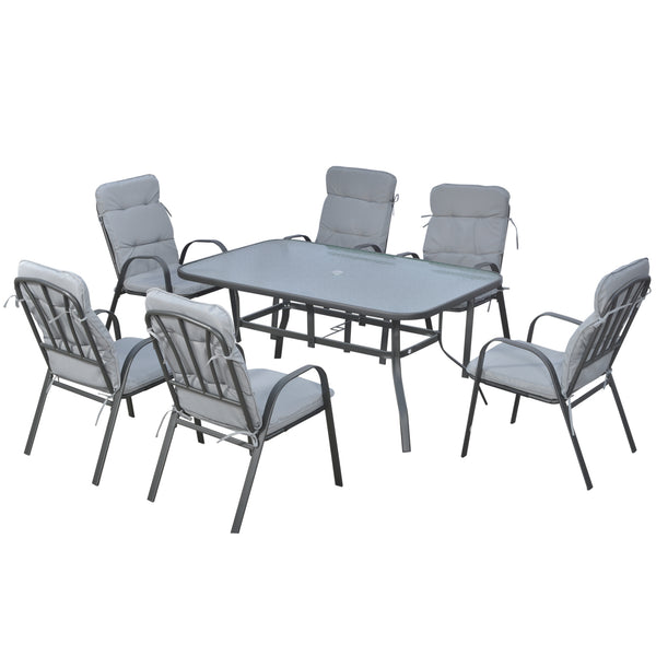 7 Pieces Garden Dining Set, Outdoor Dining Set with Cushions, Tempered Glass Top Table, Umbrella Hole, Texteline Seats, 6 Seater Garden Table and Chairs, Grey