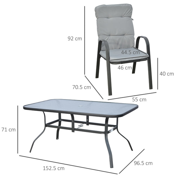 7 Pieces Garden Dining Set, Outdoor Dining Set with Cushions, Tempered Glass Top Table, Umbrella Hole, Texteline Seats, 6 Seater Garden Table and Chairs, Grey