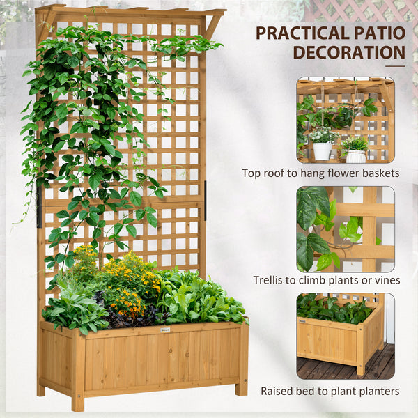 Outsunny Wood Planter with Trellis, Raised Garden Bed for Climbing Plants w/ Drainage Holes and Roof, 35.5" x 17.75" x 72", Yellow