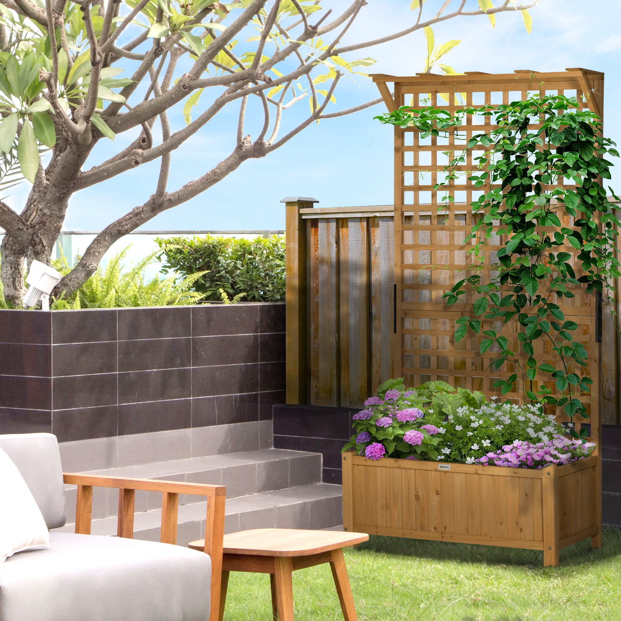 wooden planters with trellis attached Outsunny Wooden Raised Garden Bed with Trellis and Privacy Screen