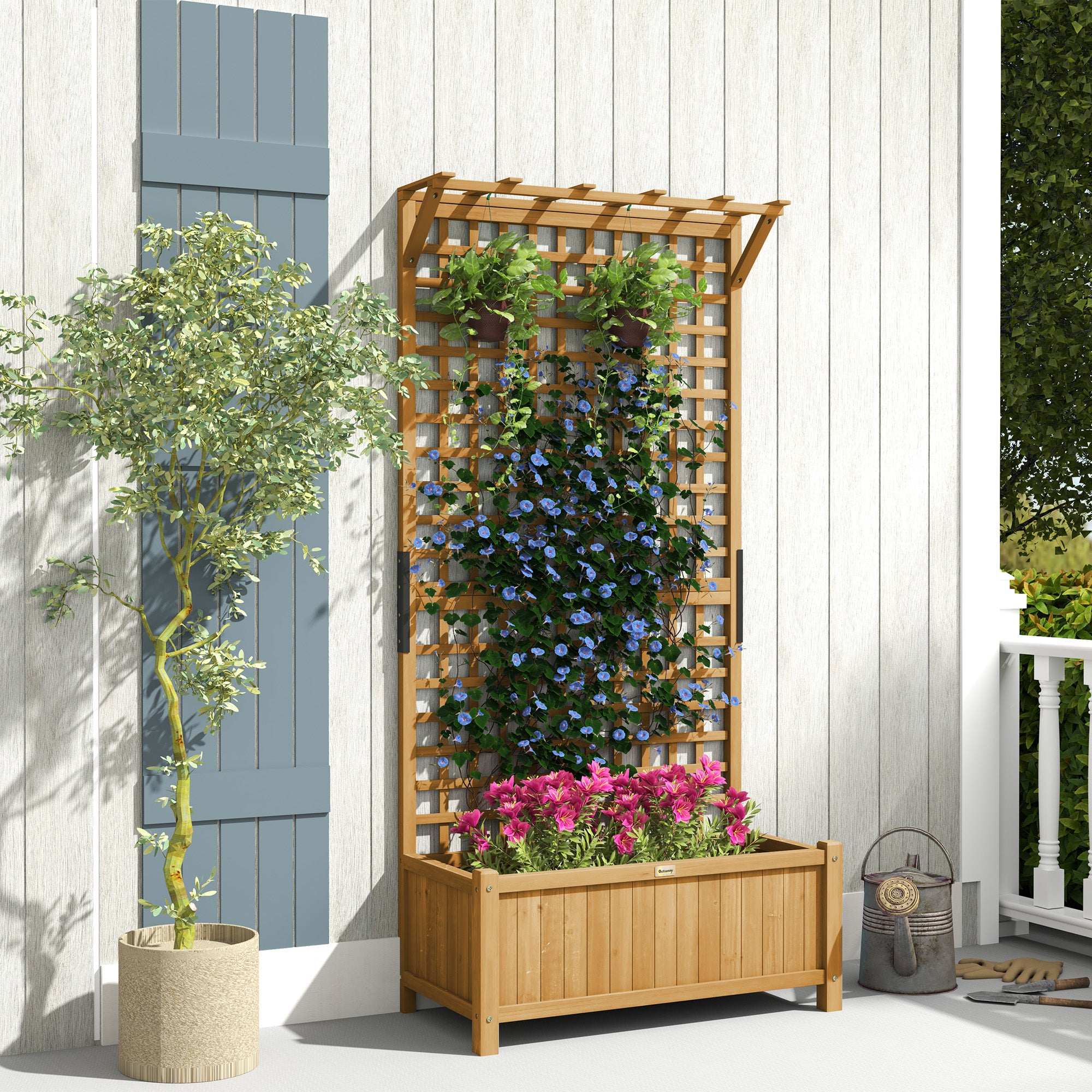 hanging planter with trellis Outsunny Raised Garden Bed, Wood Planter with Trellis for Vine Climbing, Privacy Screen Planter Box to Grow Vegetables, Herbs, and Flowers for B