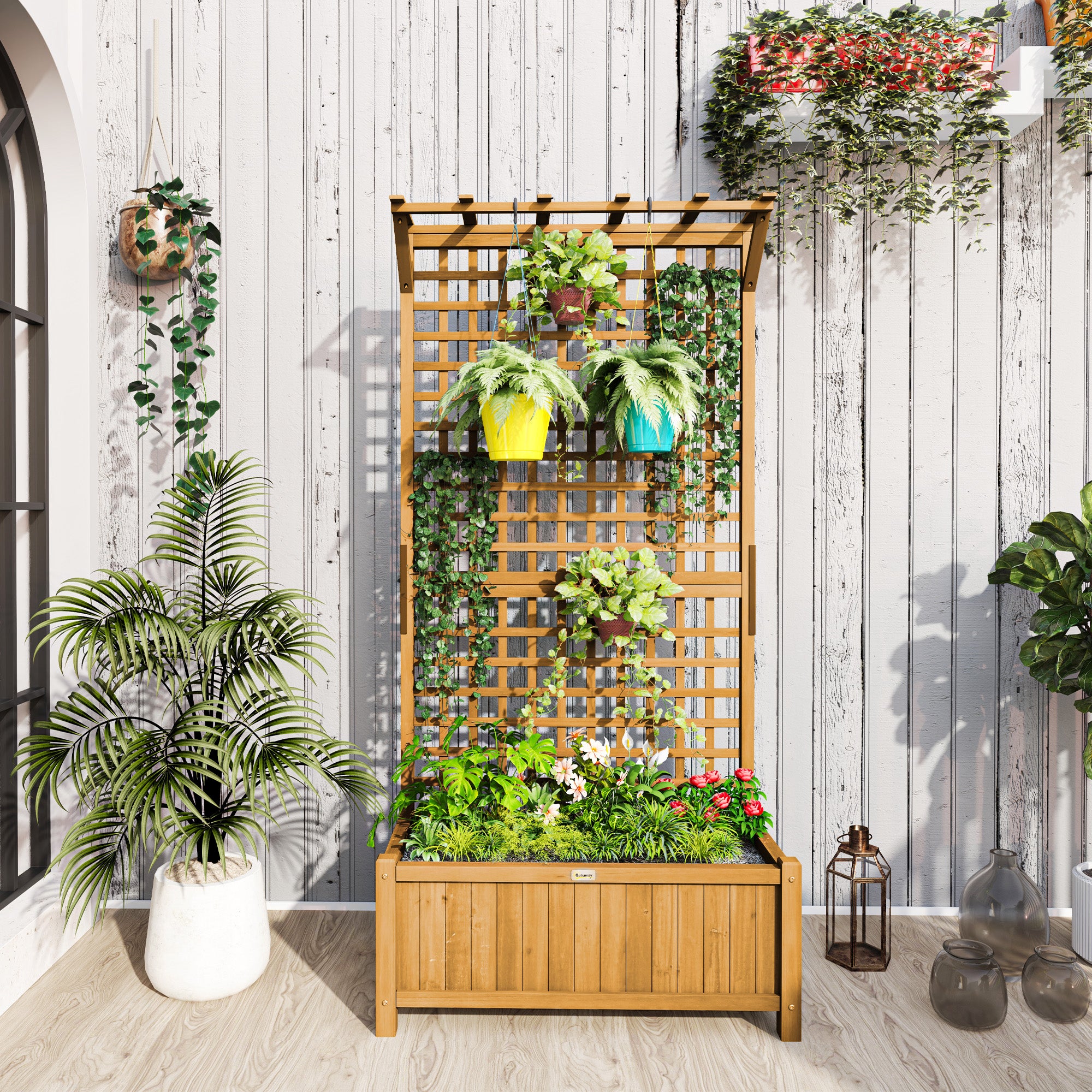 privacy screen potted plants Outsunny Raised Garden Bed, Wood Planter with Trellis for Vine Climbing, Privacy Screen Planter Box to Grow Vegetables, Herbs, and Flowers for B