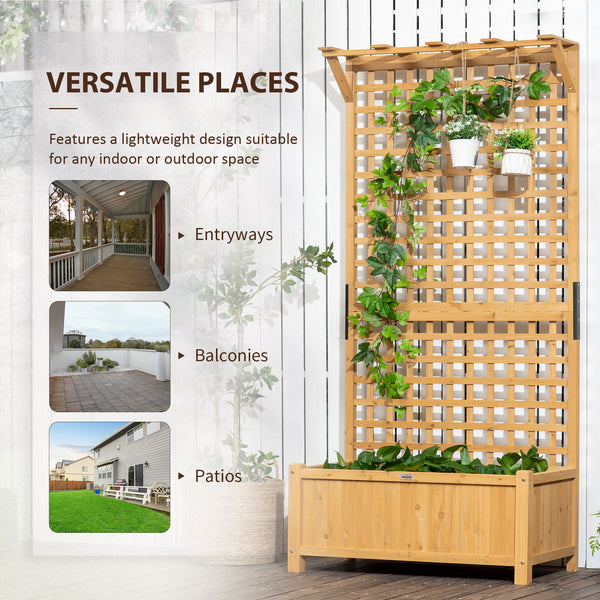 Outsunny Wood Planter with Trellis, Raised Garden Bed for Climbing Plants w/ Drainage Holes and Roof, 35.5" x 17.75" x 72", Yellow