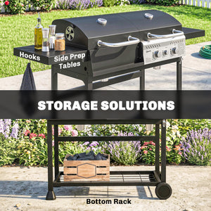 Dual Fuel BBQ Grill, Charcoal and 2+1 Gas Burner Barbecue Grill with Wheels, Warming Rack, Shelves, Thermometer, Bottle Opener, Outdoor Barbeque for Backyard Patio, Black