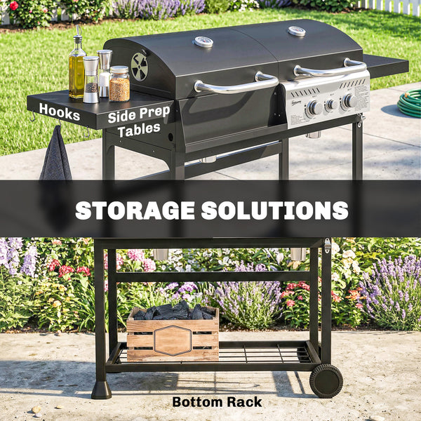Dual Fuel BBQ Grill, Charcoal and 2+1 Gas Burner Barbecue Grill with Wheels, Warming Rack, Shelves, Thermometer, Bottle Opener, Outdoor Barbeque for Backyard Patio, Black