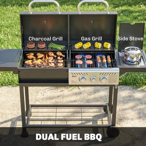 Dual Fuel BBQ Grill, Charcoal and 2+1 Gas Burner Barbecue Grill with Wheels, Warming Rack, Shelves, Thermometer, Bottle Opener, Outdoor Barbeque for Backyard Patio, Black