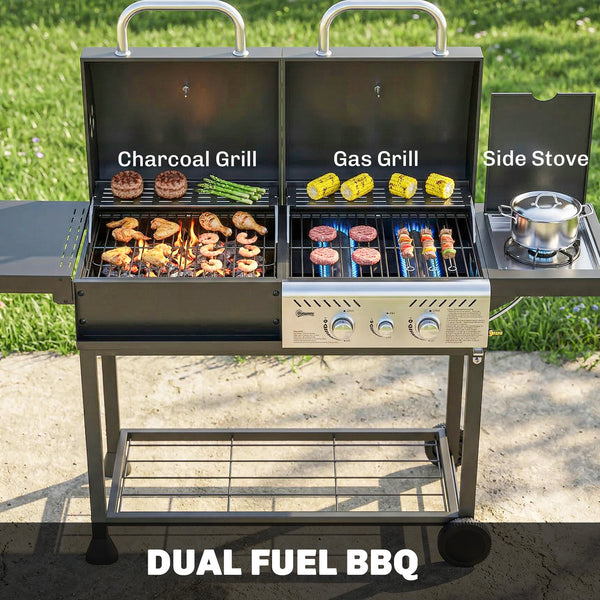 Dual Fuel BBQ Grill, Charcoal and 2+1 Gas Burner Barbecue Grill with Wheels, Warming Rack, Shelves, Thermometer, Bottle Opener, Outdoor Barbeque for Backyard Patio, Black