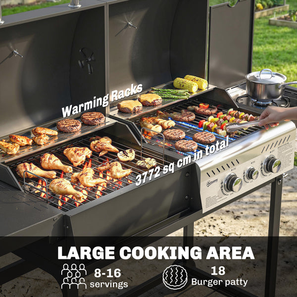 Dual Fuel BBQ Grill, Charcoal and 2+1 Gas Burner Barbecue Grill with Wheels, Warming Rack, Shelves, Thermometer, Bottle Opener, Outdoor Barbeque for Backyard Patio, Black