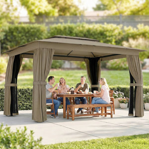 10' x 12' Outdoor Patio Gazebo, Soft Top Gazebo Canopy Shelter with Double Roof, Curtains, Netting, Steel Frame, UPF30+ Protection, Ceiling Hooks for Lawn, Backyard, Deck, Khaki