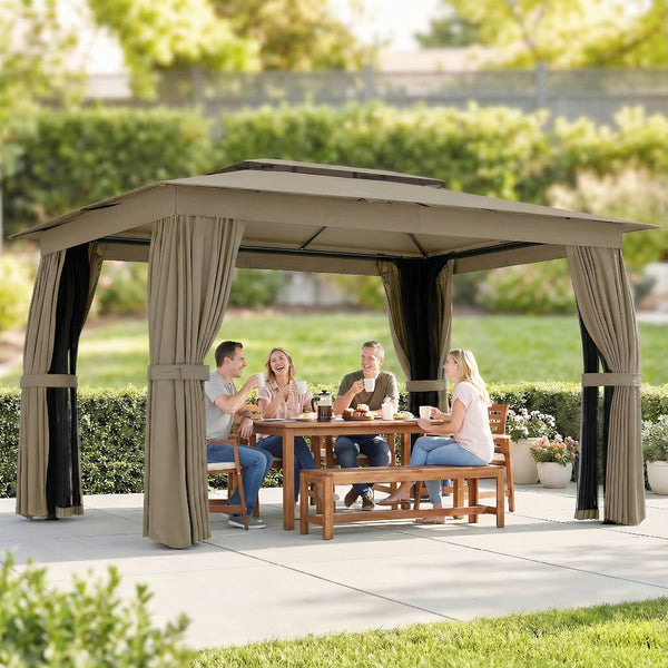 10' x 12' Outdoor Patio Gazebo, Soft Top Gazebo Canopy Shelter with Double Roof, Curtains, Netting, Steel Frame, UPF30+ Protection, Ceiling Hooks for Lawn, Backyard, Deck, Khaki