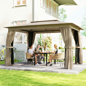 10' x 12' Outdoor Patio Gazebo, Soft Top Gazebo Canopy Shelter with Double Roof, Curtains, Netting, Steel Frame, UPF30+ Protection, Ceiling Hooks for Lawn, Backyard, Deck, Khaki