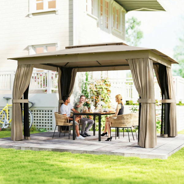 10' x 12' Outdoor Patio Gazebo, Soft Top Gazebo Canopy Shelter with Double Roof, Curtains, Netting, Steel Frame, UPF30+ Protection, Ceiling Hooks for Lawn, Backyard, Deck, Khaki