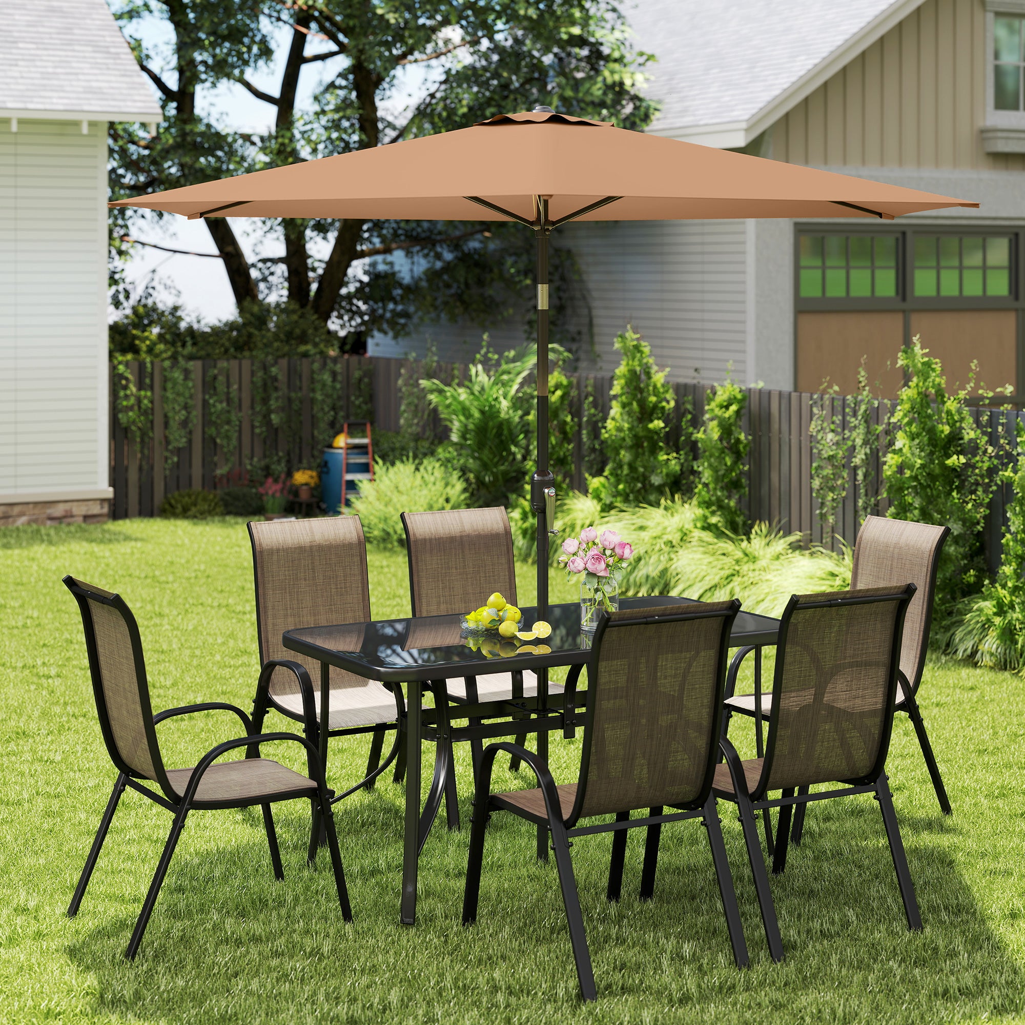 Outsunny 8-Piece Patio Dining Set with 9 Ft Umbrella, Mixed Brown