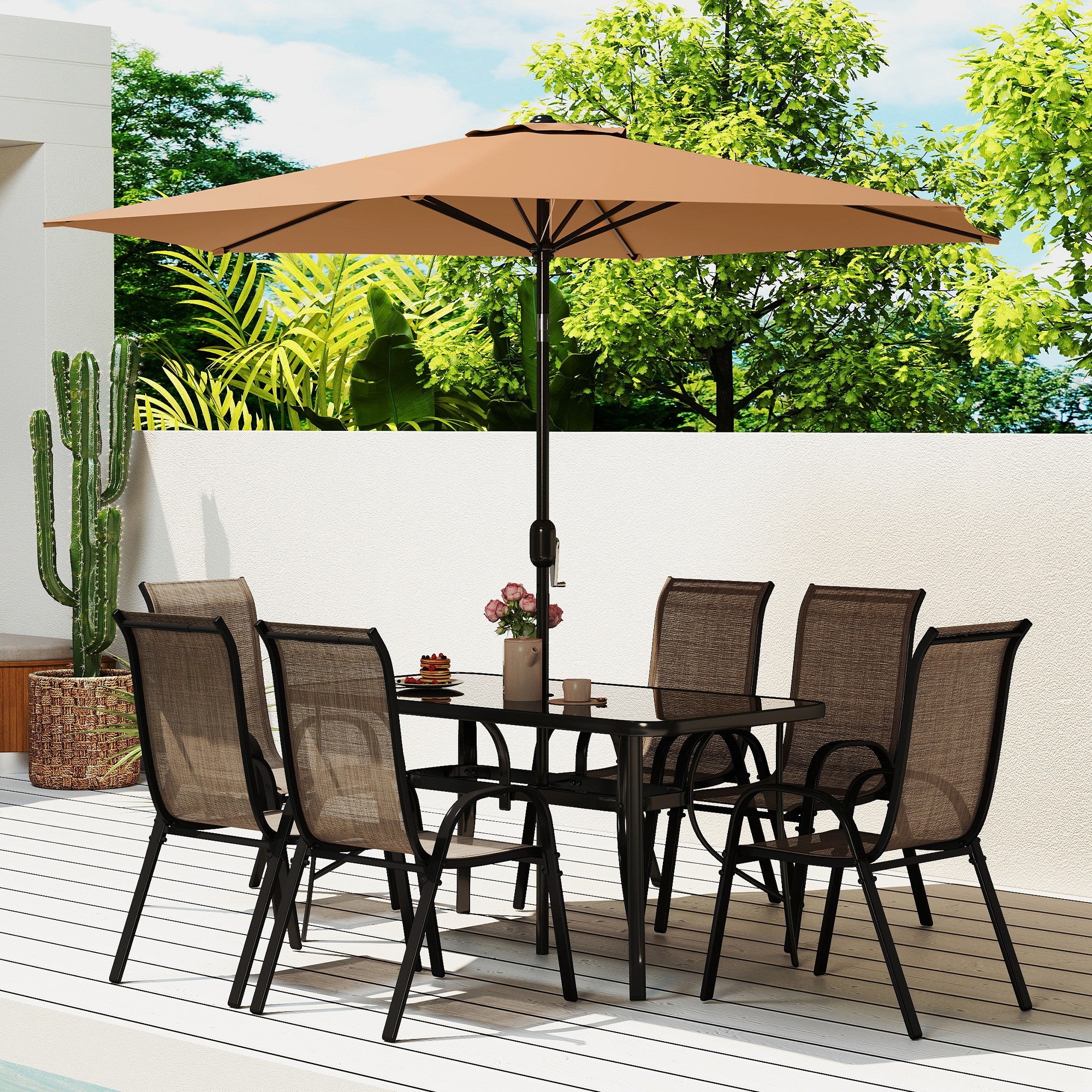 7-piece patio dining set with umbrella Outsunny 8-Piece Patio Dining Set with 9 Ft Umbrella, Mixed Brown