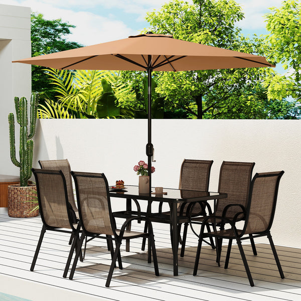 8 Pieces Patio Table and Chairs Set with 9 Ft Patio Umbrella, Outdoor Dining Set with 4.6 Ft Dining Table and 6 Chairs, Push Button Tilt and Crank Parasol, Tempered Glass Top, Mixed Brown