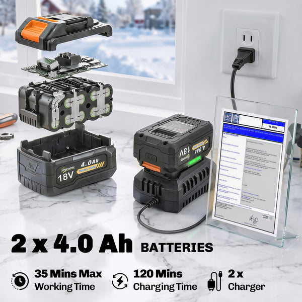 40V 18" Cordless Snow Blower with PU Auger, 1400W Brushless Motor, 12" Depth, Includes Two 4.0Ah Batteries & Fast Charger, 21.3ft Max Throw Distance, 180° Rotatable Chute, Wheels for Driveway