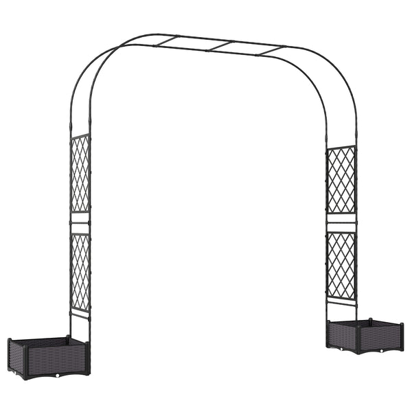 7.2ft Garden Arch with 2 Planter Boxes, PE-Coated Steel Outdoor Trellis Arbor for Climbing Plants, Wedding Arch for Party Outdoor Garden Backyard, Black