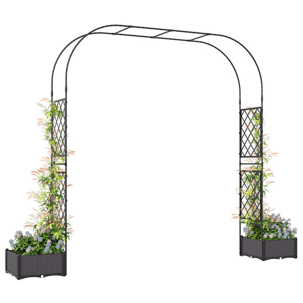 7.2ft Garden Arch with 2 Planter Boxes, PE-Coated Steel Outdoor Trellis Arbor for Climbing Plants, Wedding Arch for Party Outdoor Garden Backyard, Black