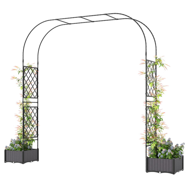 7.2ft Garden Arch with 2 Planter Boxes, PE-Coated Steel Outdoor Trellis Arbor for Climbing Plants, Wedding Arch for Party Outdoor Garden Backyard, Black