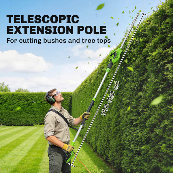 2.6m Corded Extendable Hedge Trimmer with 90° Adjustable Head, 450W Telescopic Electric Hedge Cutter Long Reach with 51cm Dual Action Blades, Shoulder Strap, 10m Cable for Branches, Shrubs